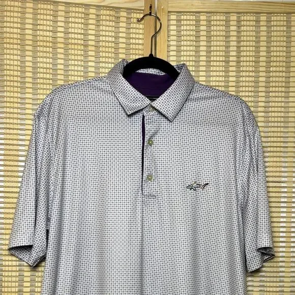 Men's Greg Norman White Purple Printed Collared Golf Play Dry Size Large Polo - Picture 6 of 6